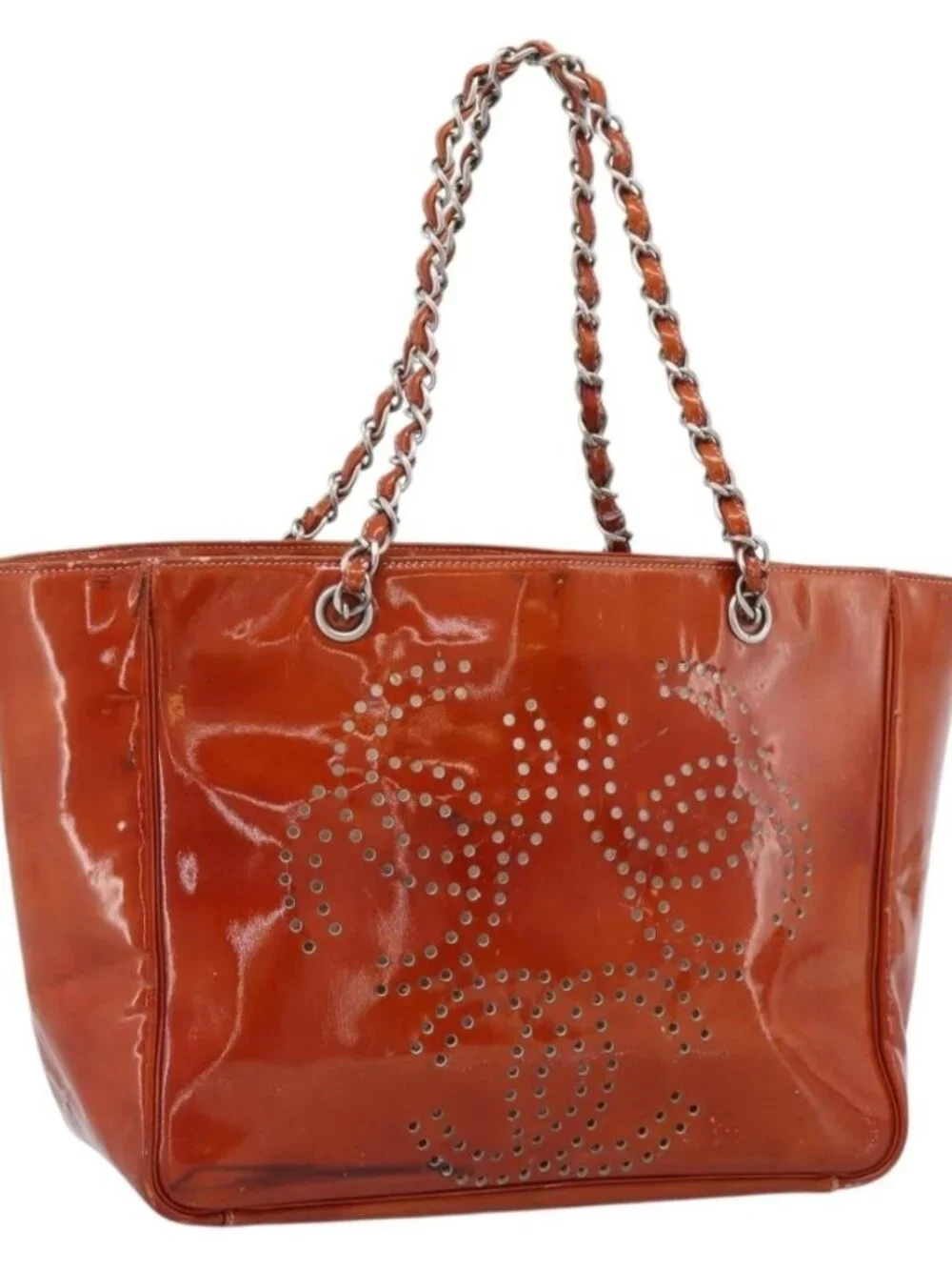 CHANEL Triple Coco Chain Tote Bag Patent leather Orange Silver CC Auth bs18659